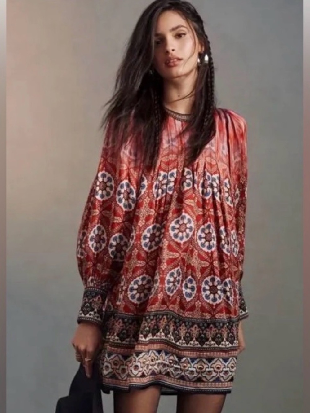 Tanvi Kedia Bohemian Red Orange w/Multi Colored Designs Long Sleeve Dress